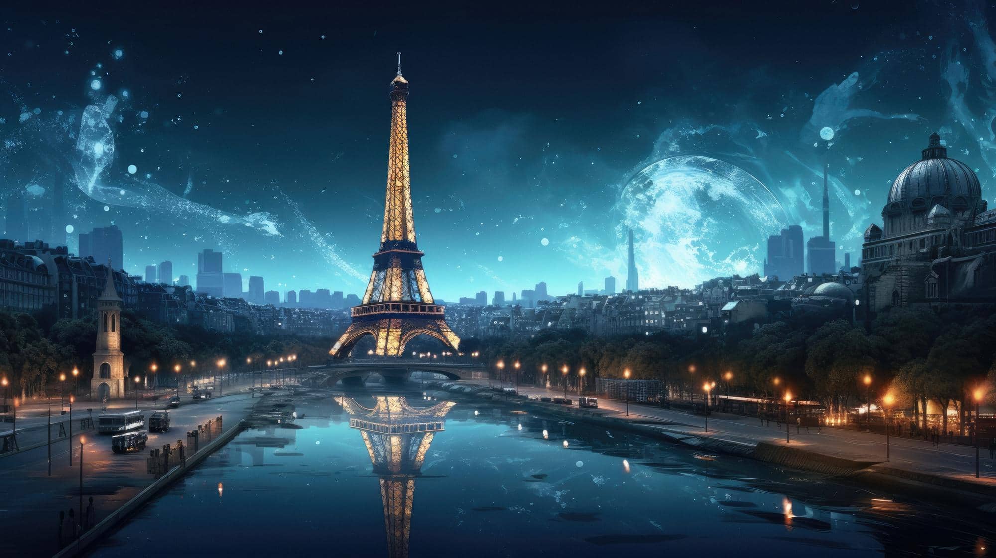 Nighttime view of the Eiffel Tower with a fantastical sky, featuring a large moon and ethereal figures, reflected in the river below.