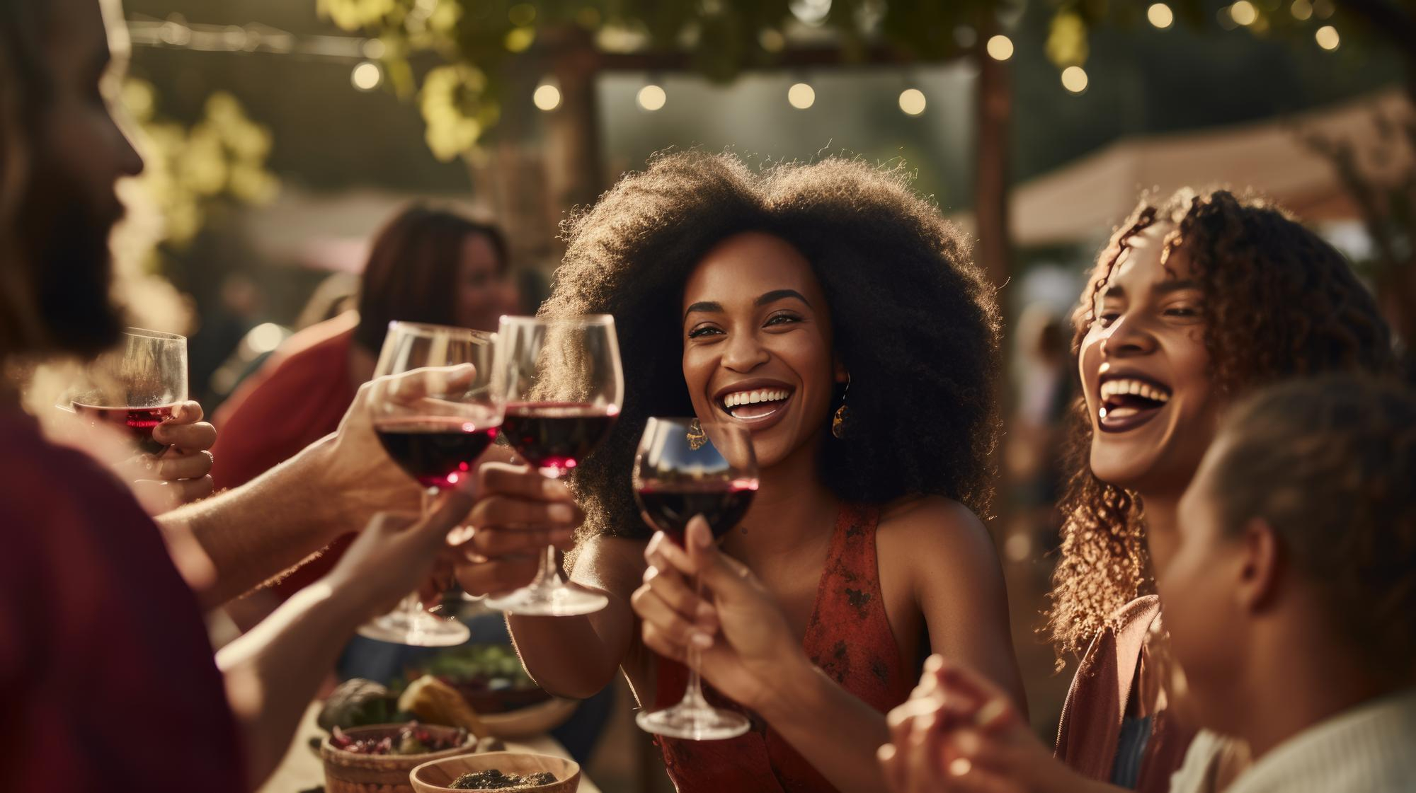 Group of people enjoying a wine tasting event, smiling and raising their glasses in a celebratory toast