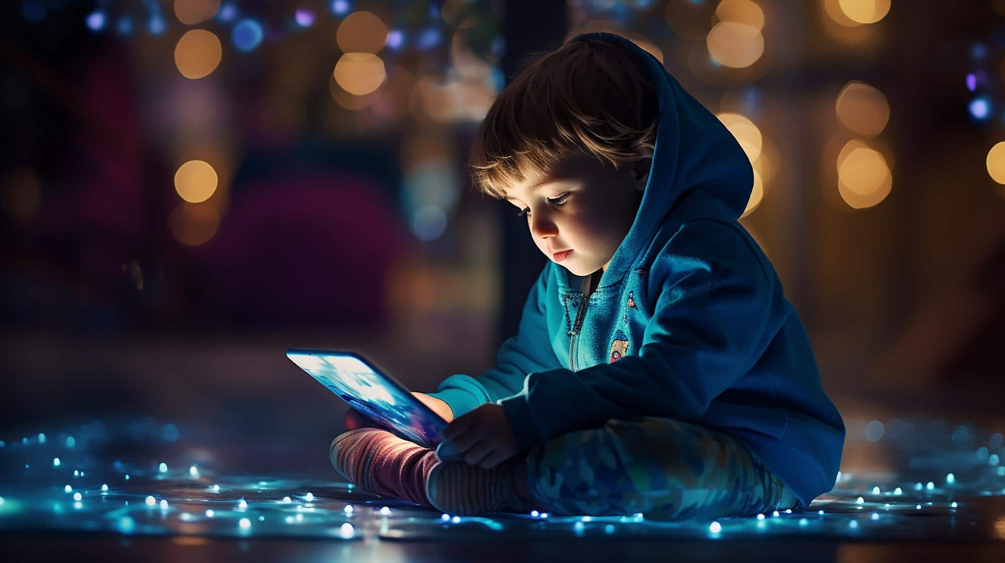 Young child sitting on the floor in a dark room, illuminated by the light from a tablet screen, with colorful lights in the background.