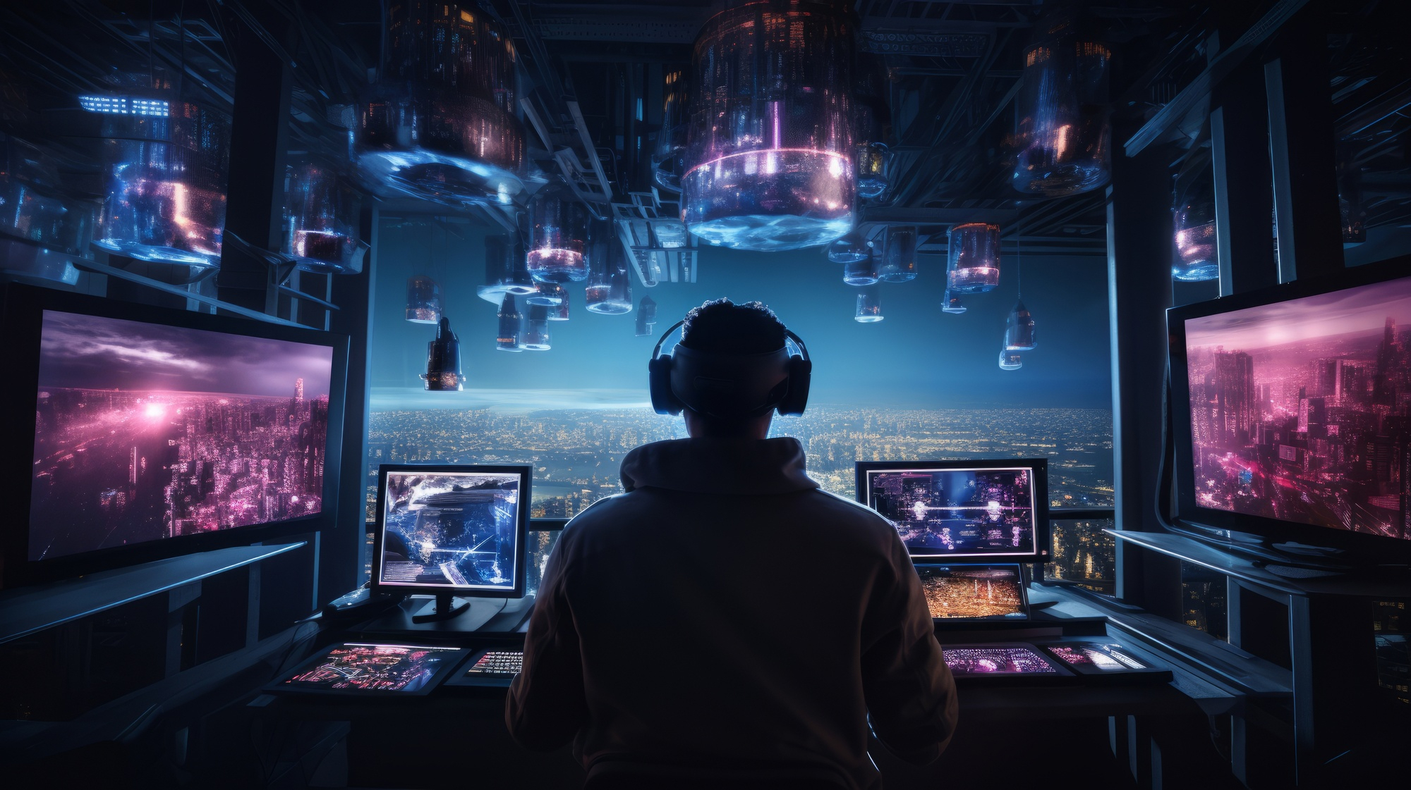 Person in a futuristic control room with multiple screens