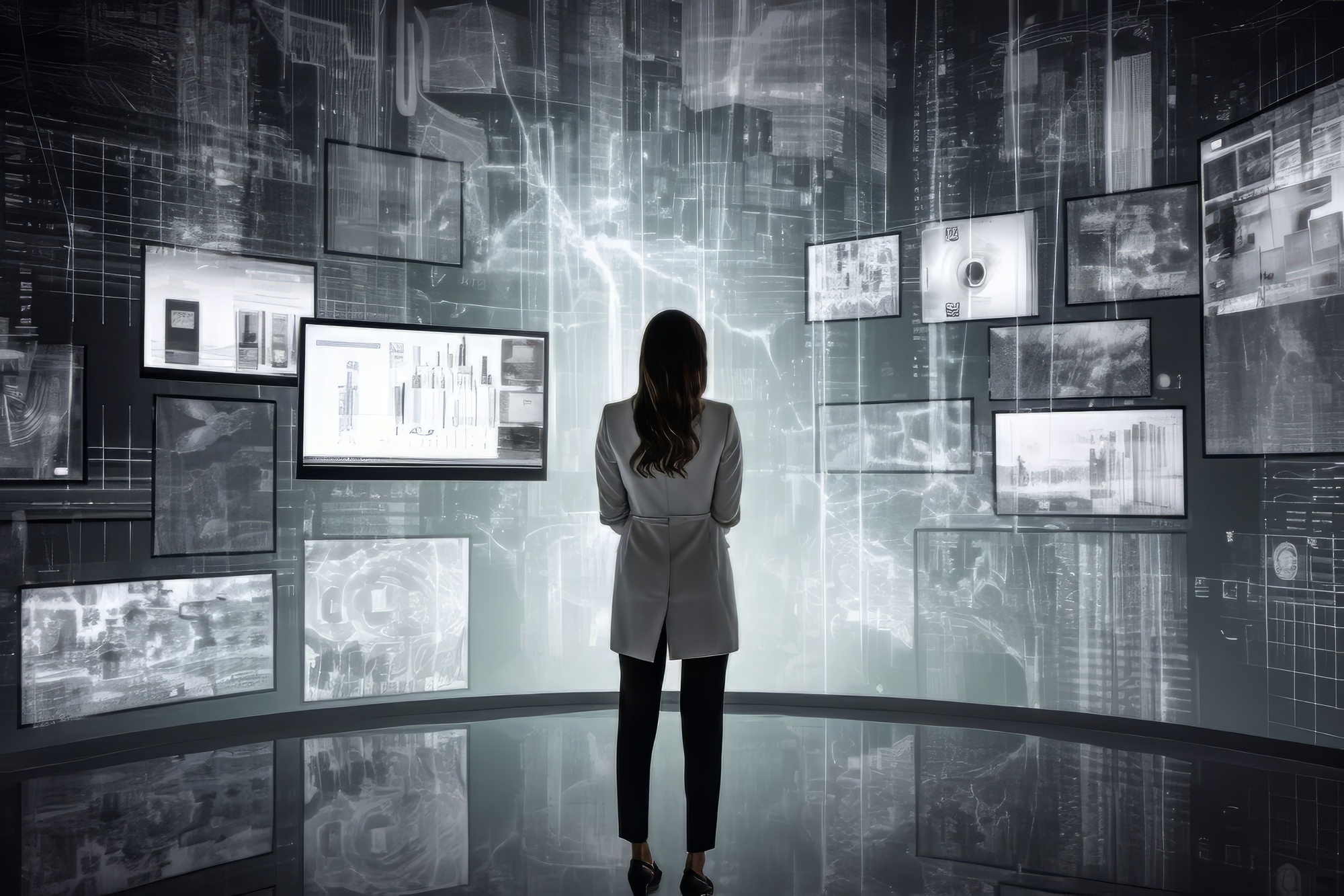 Person standing in front of multiple digital screens displaying various data and images, surrounded by a futuristic, high-tech environment.