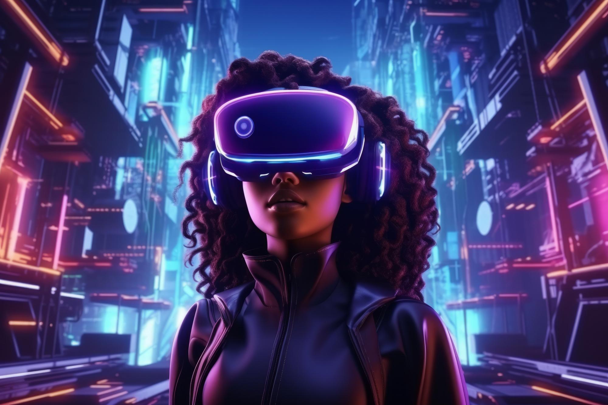 Person wearing a VR headset in a futuristic, neon-lit environment.