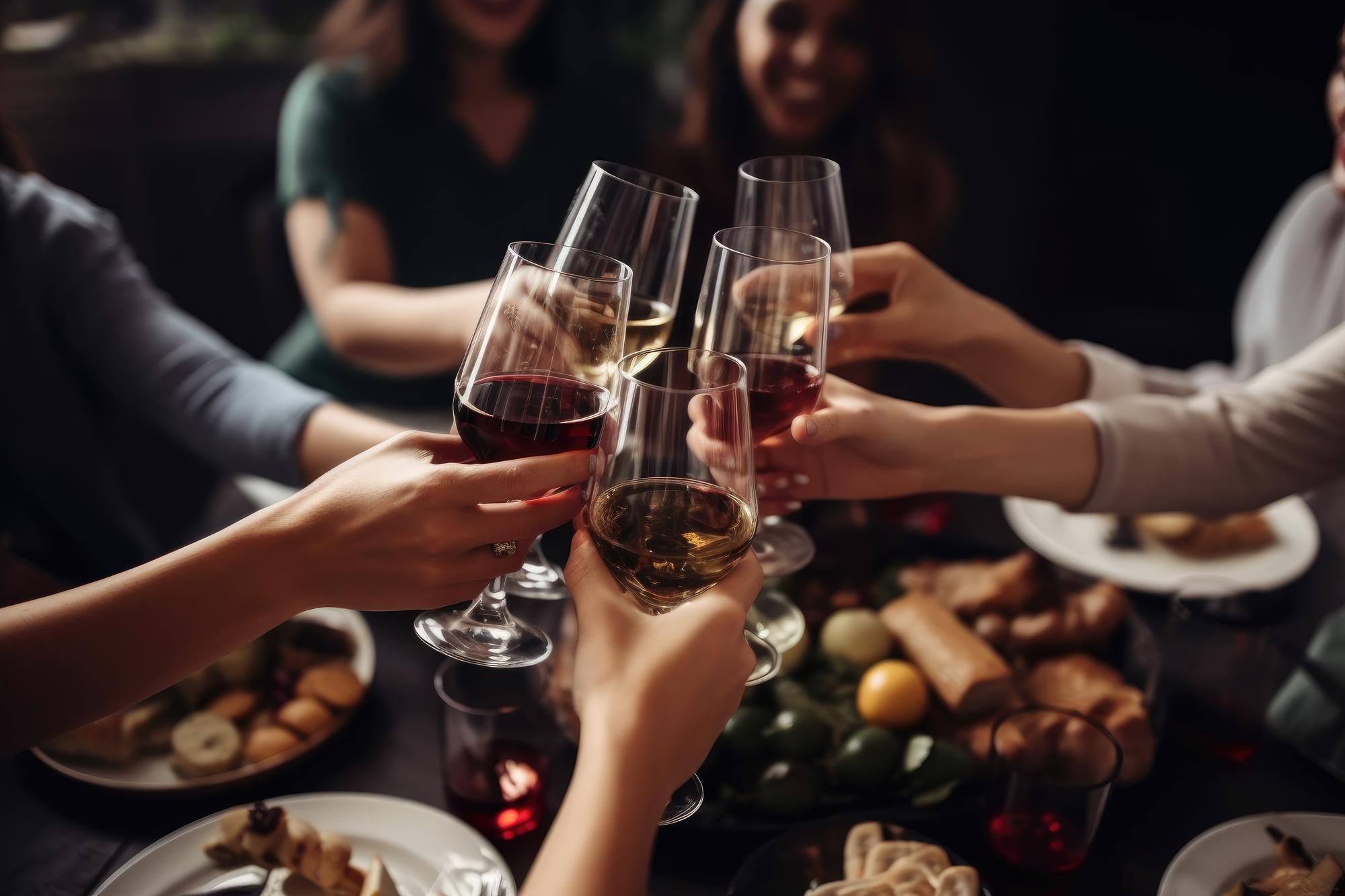 Group of friends toasting with glasses of wine during a dinner gathering.