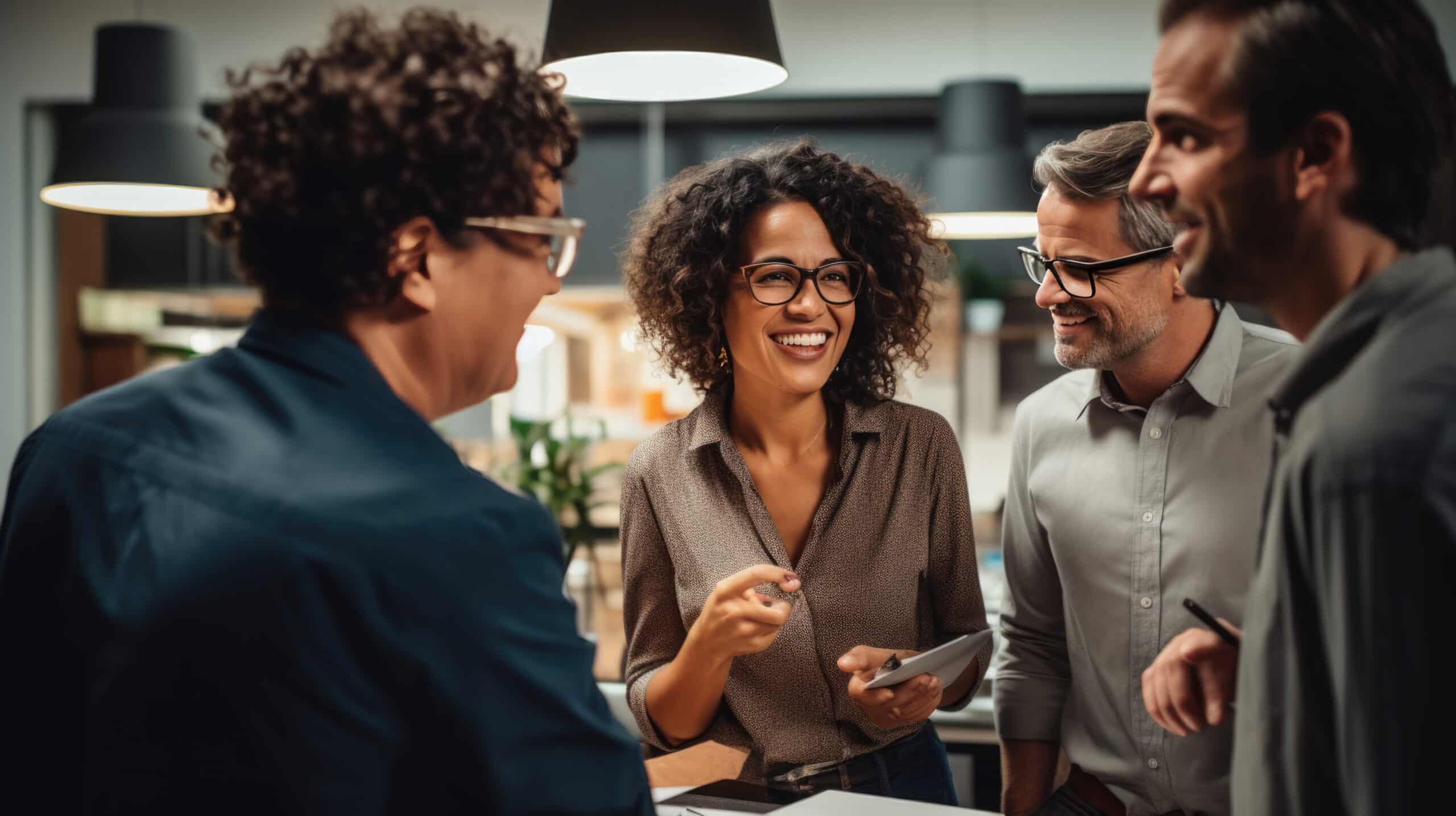 Group of professionals engaging in a lively discussion in a modern office setting.