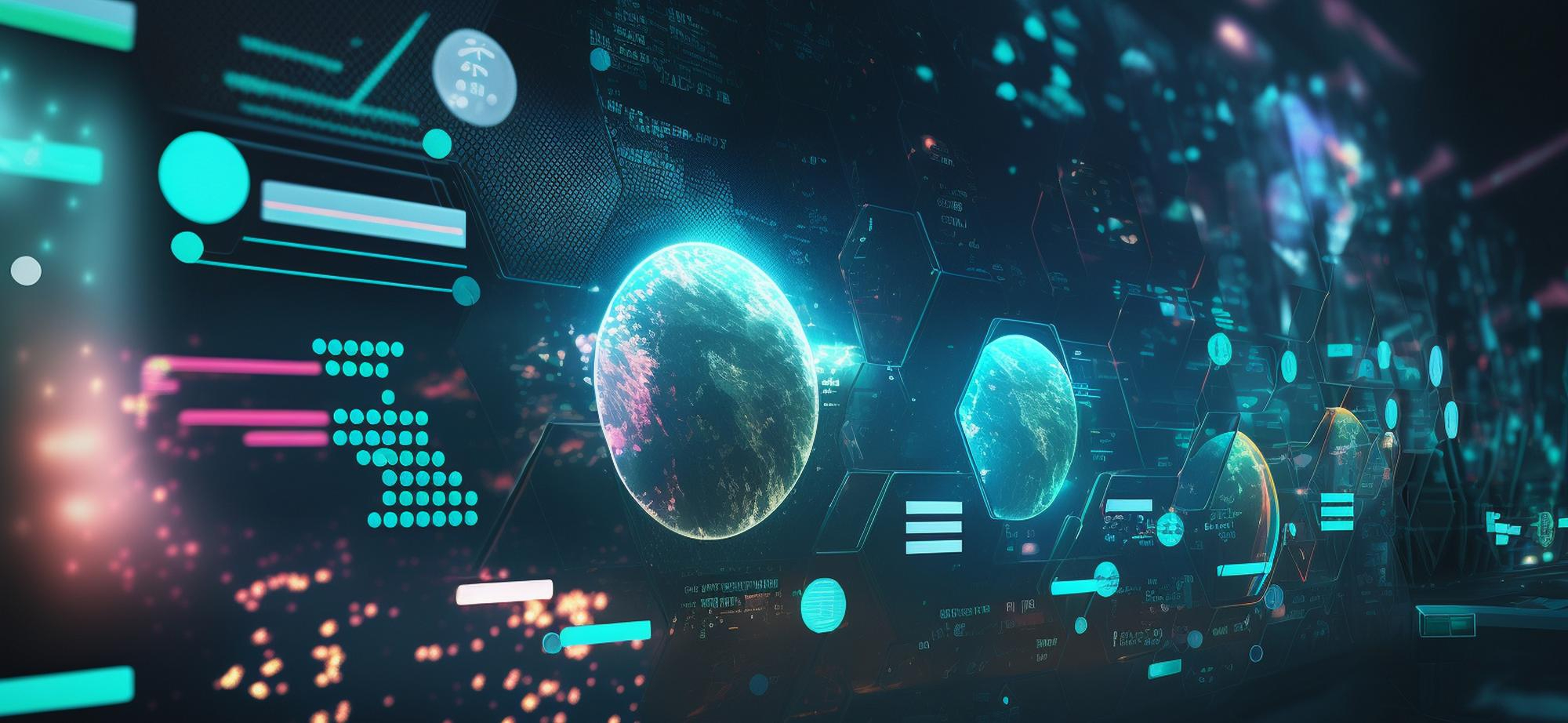 Futuristic digital interface with glowing planets, data visualization, and interconnected elements, representing advanced technology and global connectivity.