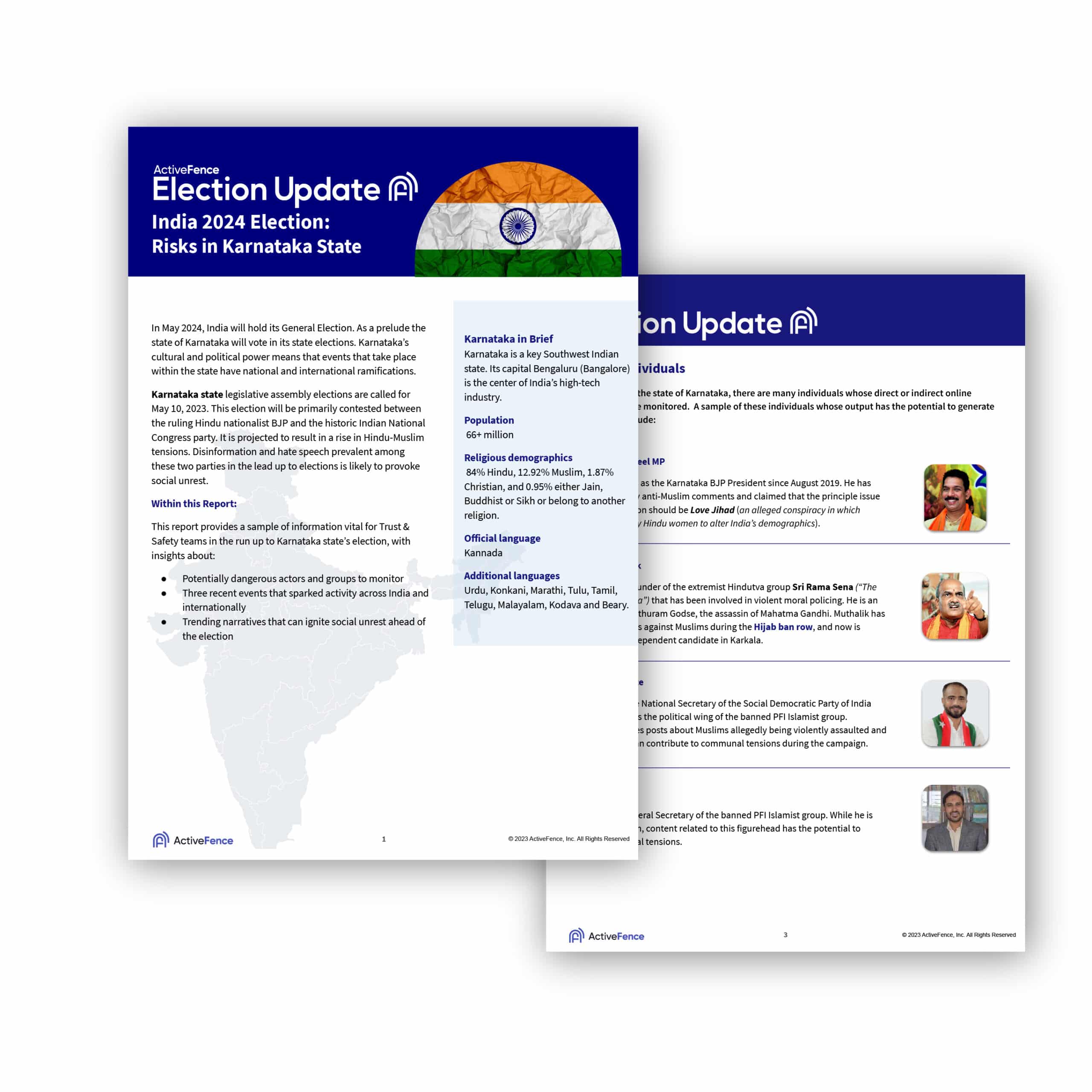 Two pages of an ActiveFence Election Update report titled 'India 2024 Election: Risks in Karnataka State,' featuring information about political dynamics, potential risks, and key individuals related to the upcoming elections in Karnataka.