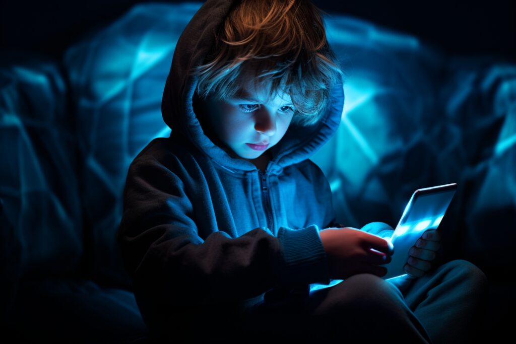  young boy in a hoodie intensely looking at a glowing smartphone in a dark room.