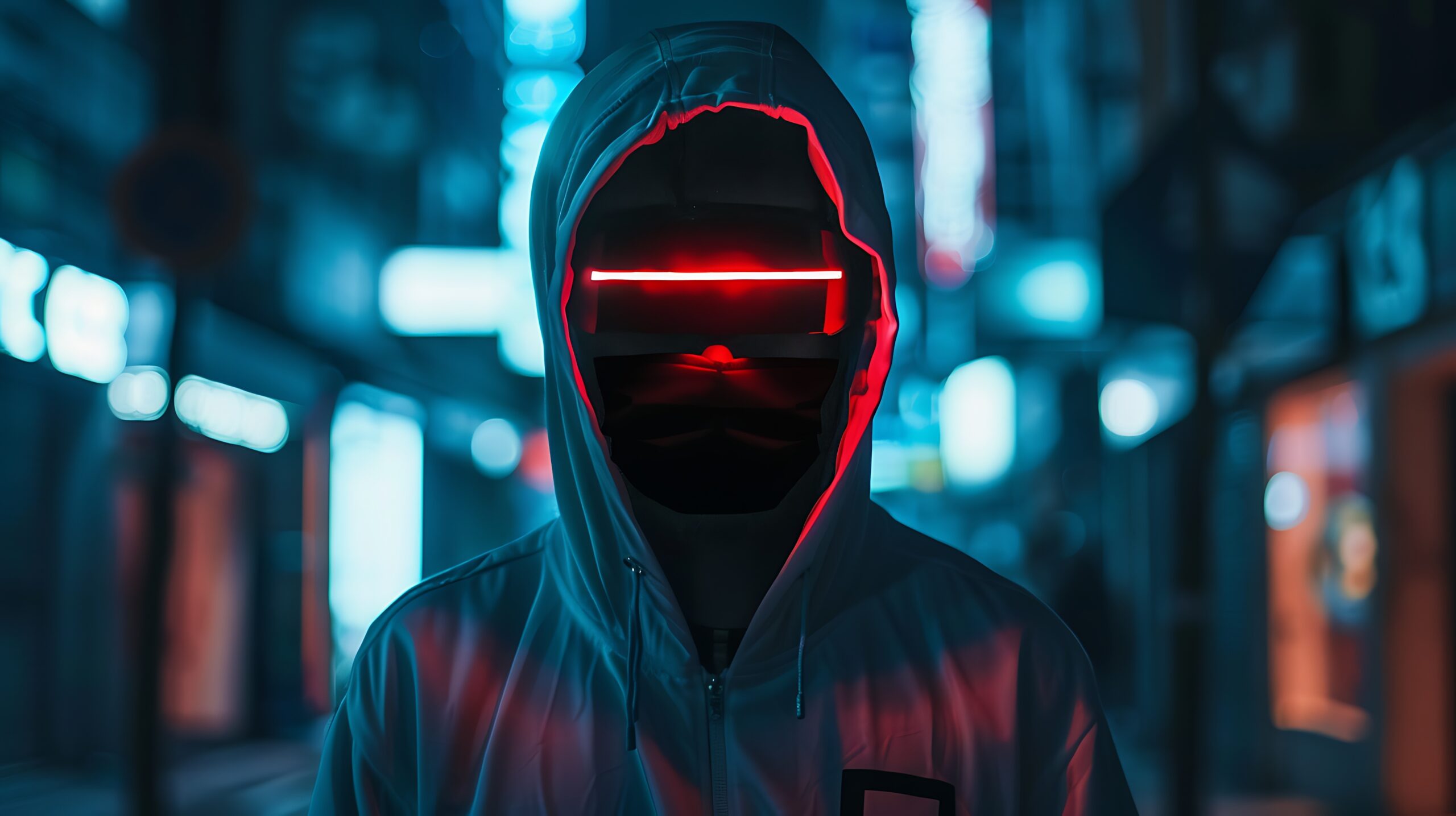 Person in a hoodie with red neon glasses standing in a futuristic city at night