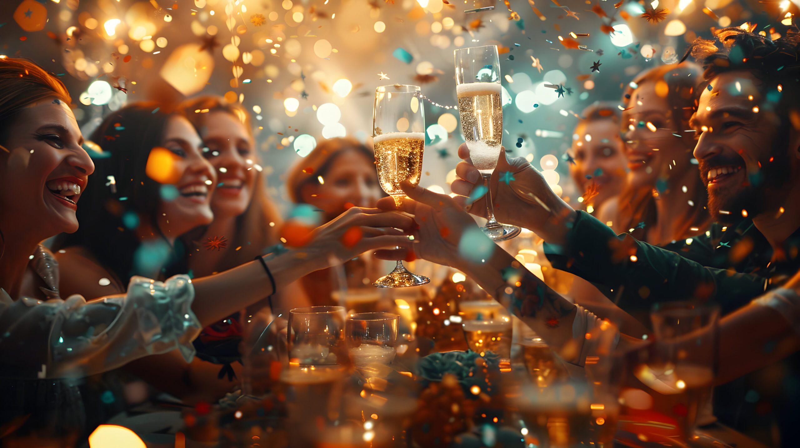 People celebrating with glasses of champagne, surrounded by confetti and festive lights