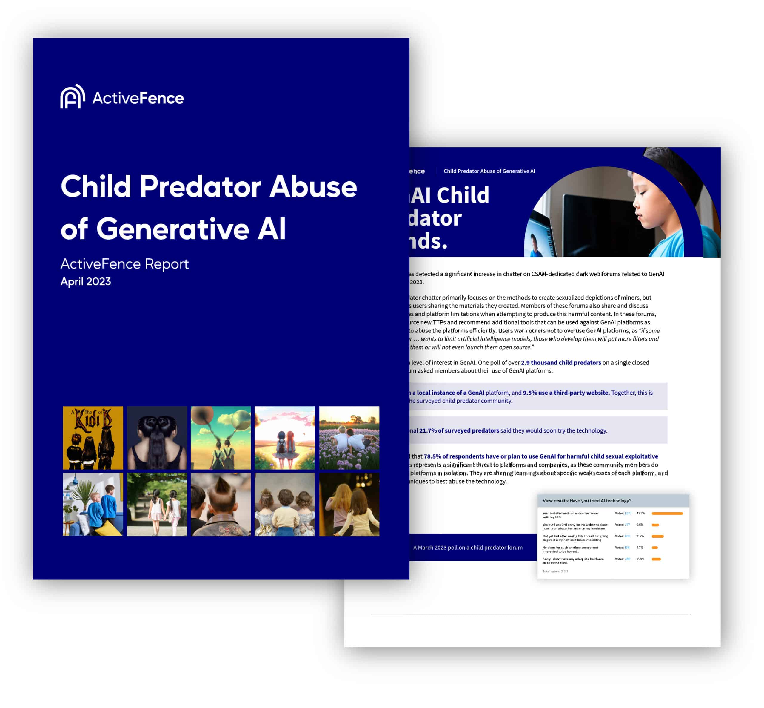 Cover of the ActiveFence report titled 'Child Predator Abuse of Generative AI', dated April 2023, featuring a grid of various AI-generated images and a preview of the report's content in the background.