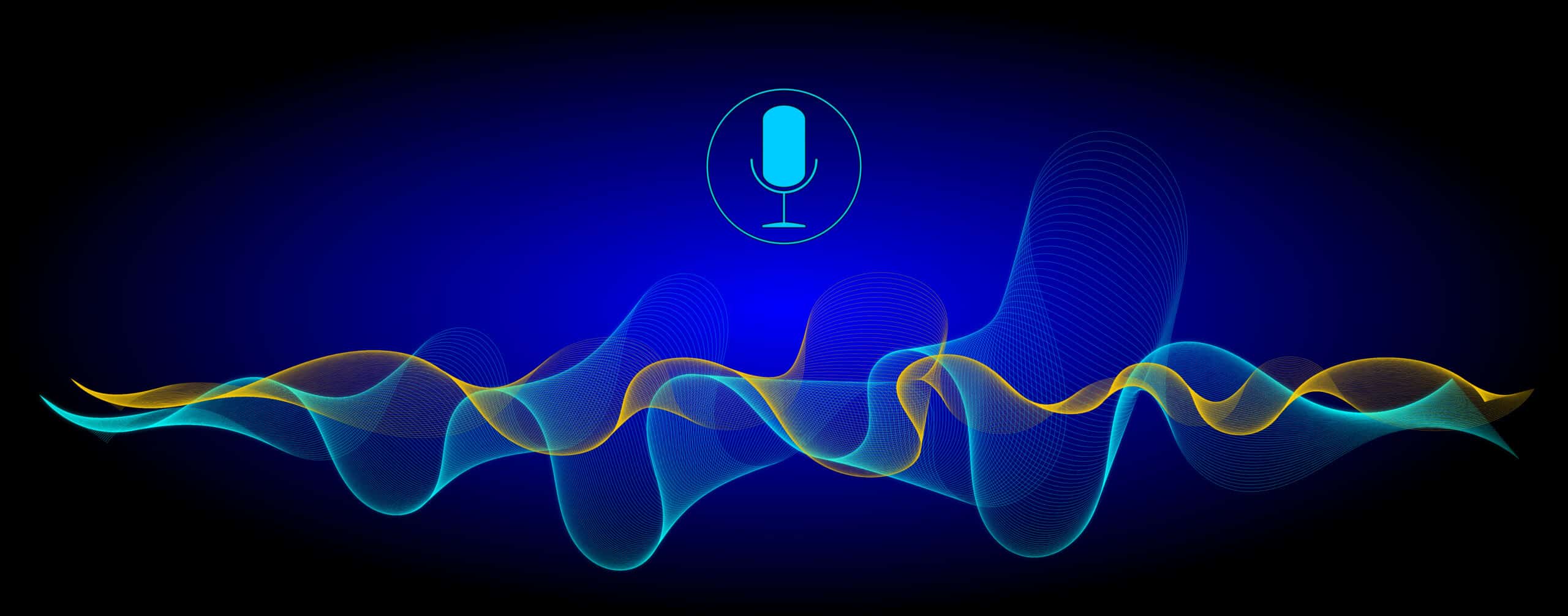 Stylized microphone icon with colorful sound waves on a blue and black gradient background.