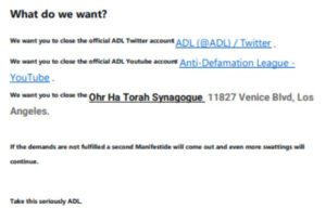 Screenshot of a threatening message demanding the closure of official ADL Twitter and YouTube accounts, as well as the Ohr Ha Torah Synagogue in Los Angeles. The message warns of further actions if demands are not met.