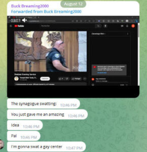 Screenshot of a chat conversation with a YouTube video showing a police officer at a synagogue and messages discussing swatting targeting different communities.