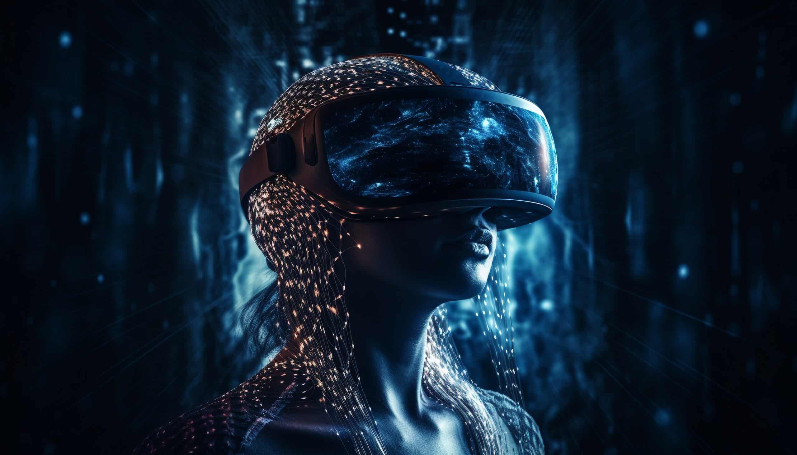 Young adult woman wearing a futuristic virtual reality headset, surrounded by a digital, blue-toned environment.