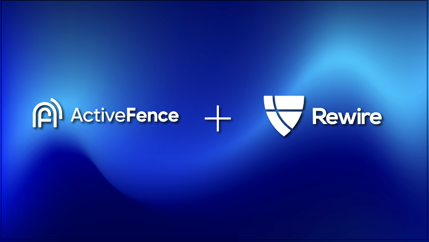 ActiveFence and Rewire logos on a blue gradient background with a plus sign between them, indicating a partnership or collaboration.