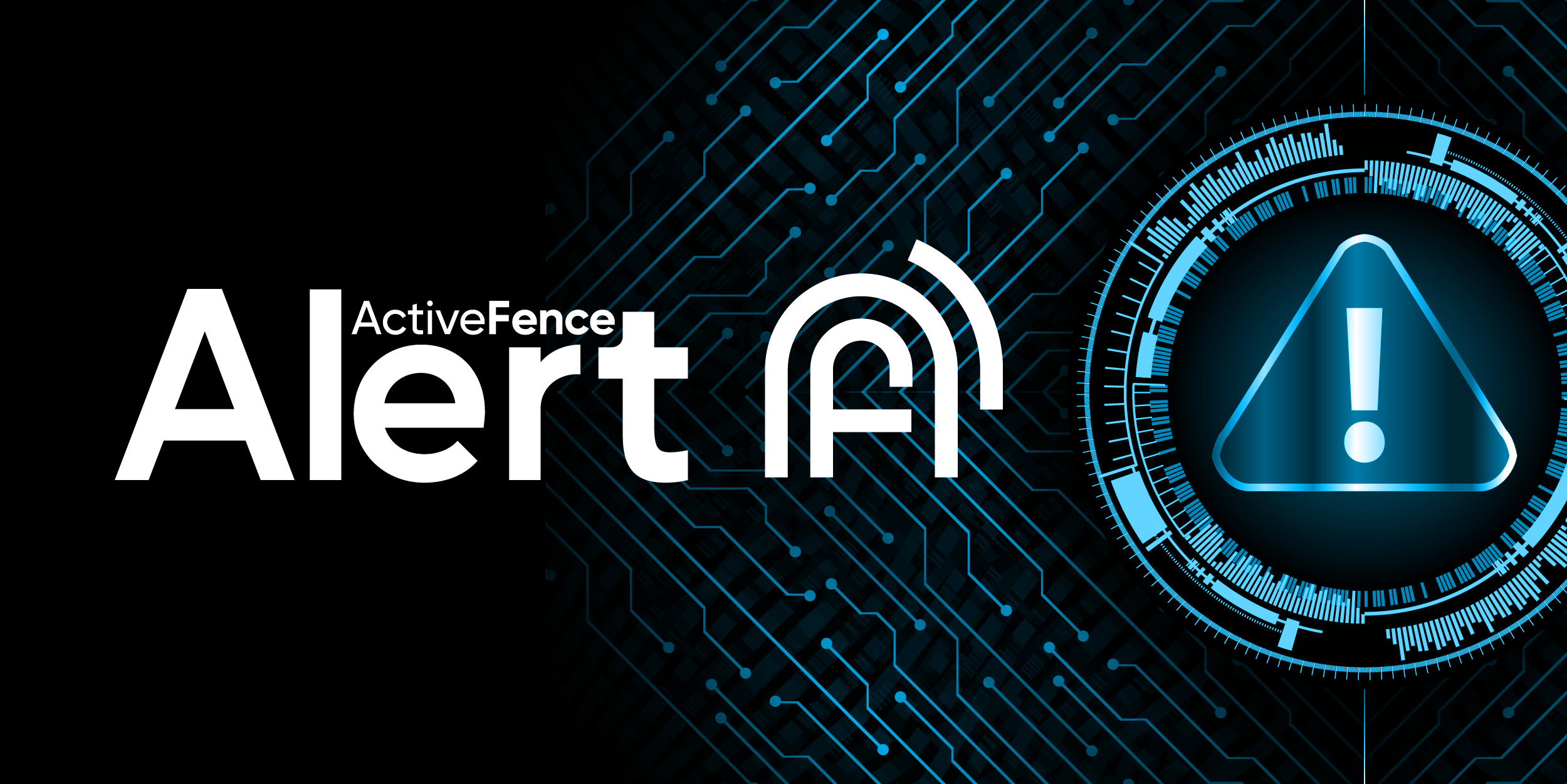 Graphic with the text 'ActiveFence Alert' next to a digital circuit background and a glowing warning symbol with an exclamation mark, indicating a security alert or important notification.