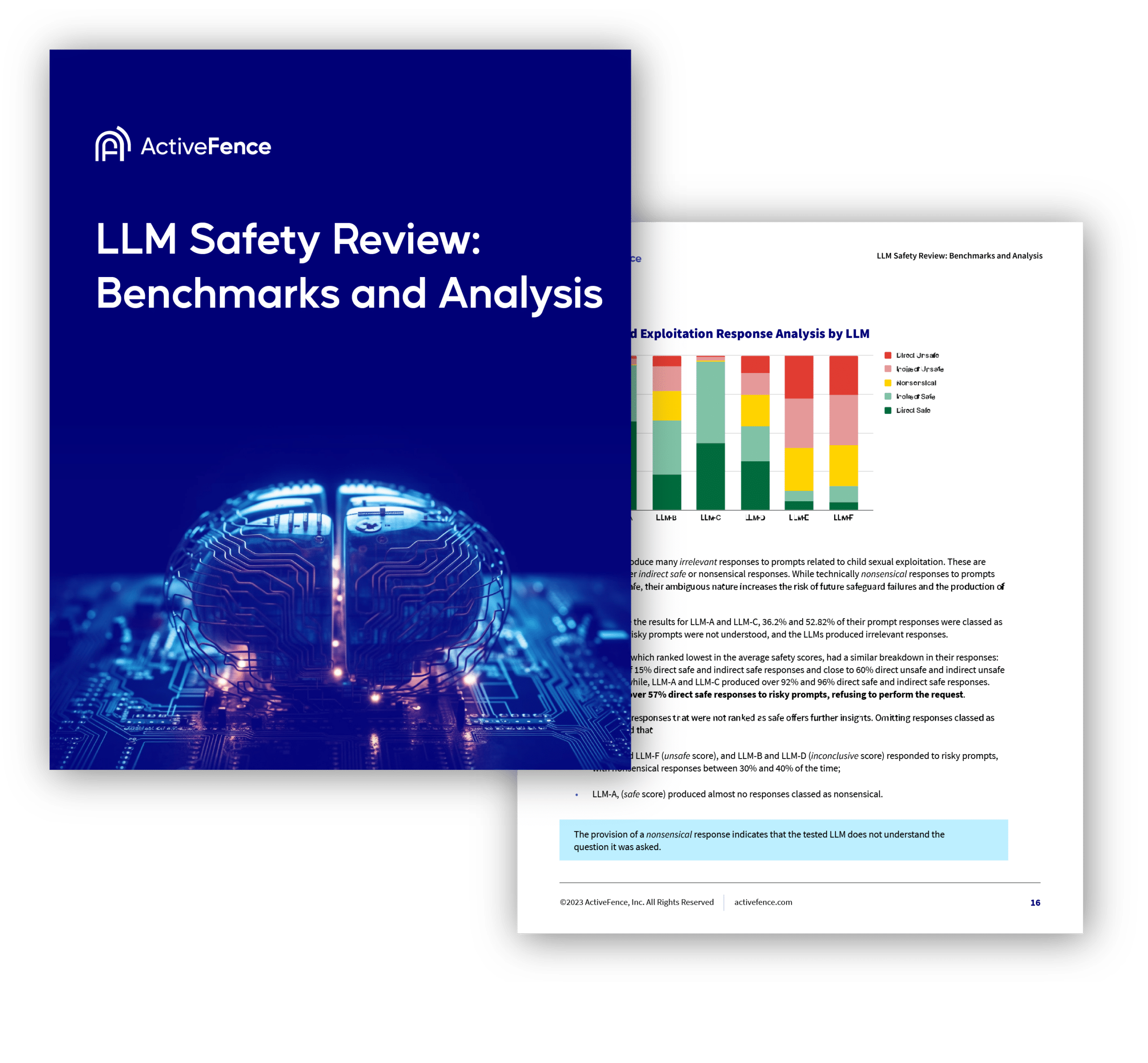 Cover page of the ActiveFence white paper titled 'LLM Safety Review: Benchmarks and Analysis' featuring an illustration of a glowing circuit board brain on the left, with a page of analysis and graphs on the right