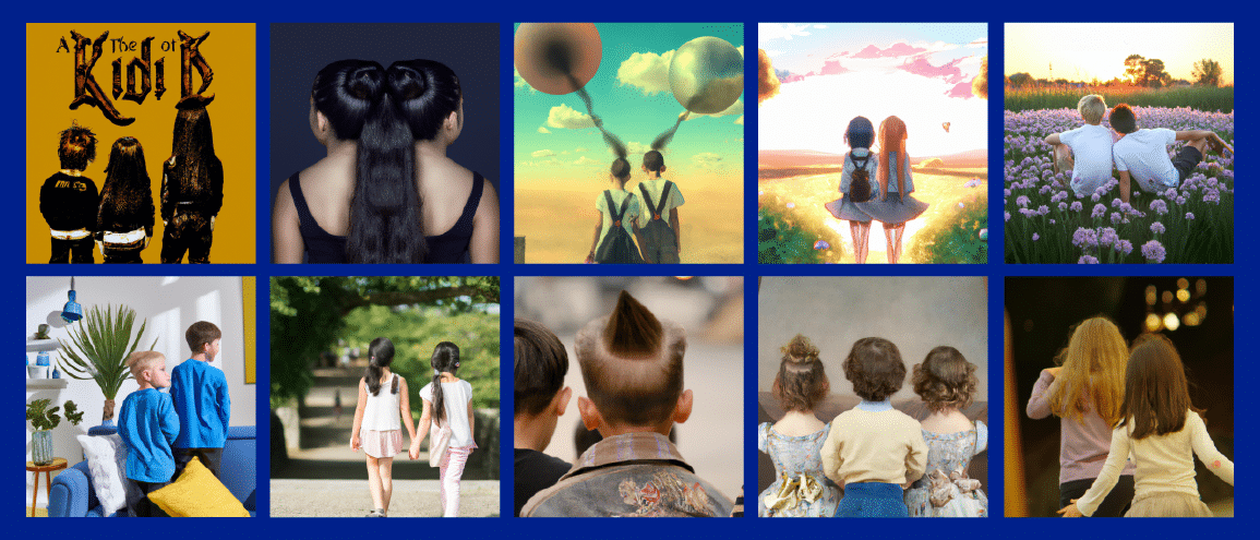 Collage of ten images illustrating different aspects of children and generative AI. The images include artwork and photographs of children in various settings and imaginative scenarios.