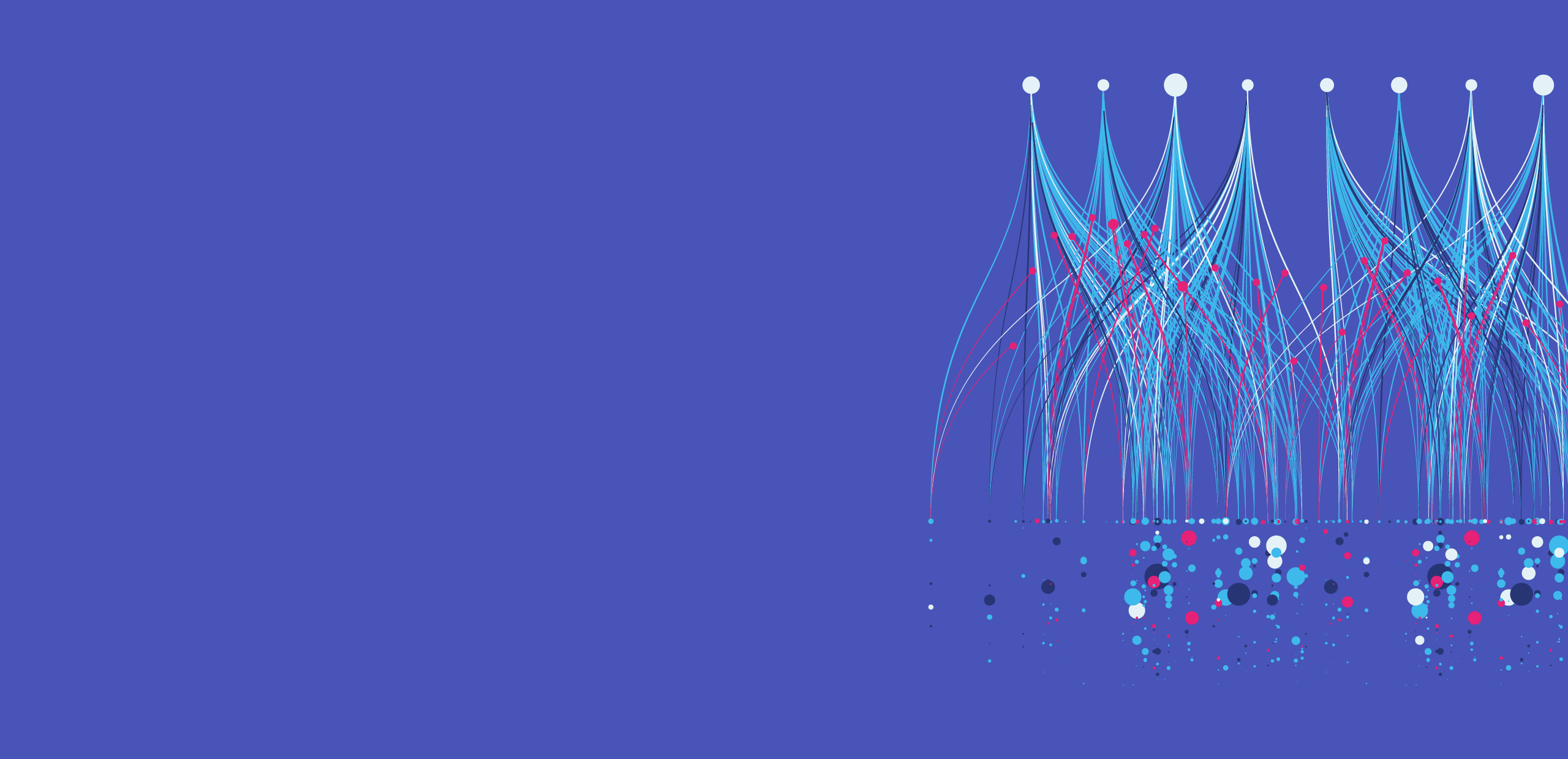 Abstract digital illustration with blue and pink lines and dots on a blue background, resembling a data network or information flow.