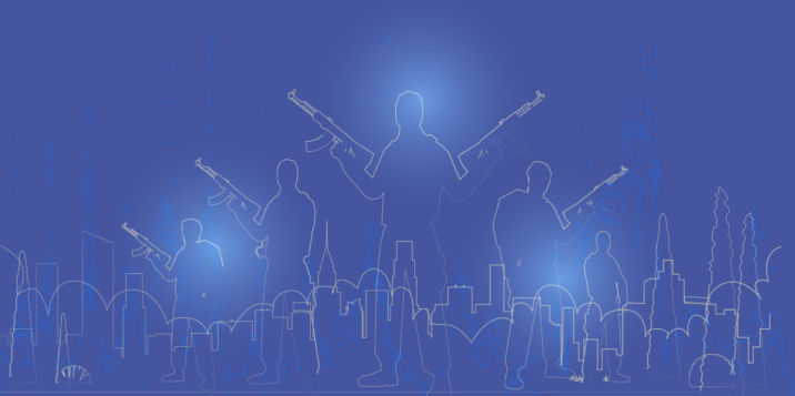 Silhouettes of five armed figures holding rifles, set against a blue background with outlines of a cityscape.