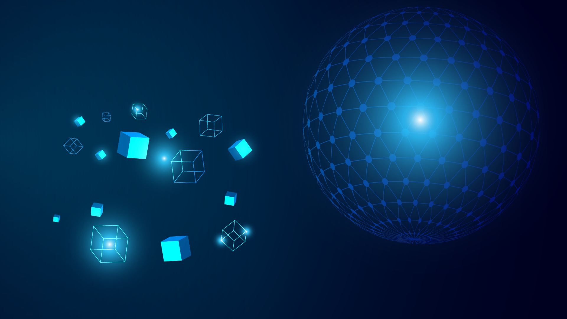 : "Digital abstract image featuring multiple glowing blue cubes floating on the left side and a large interconnected glowing blue sphere on the right side against a dark blue background.