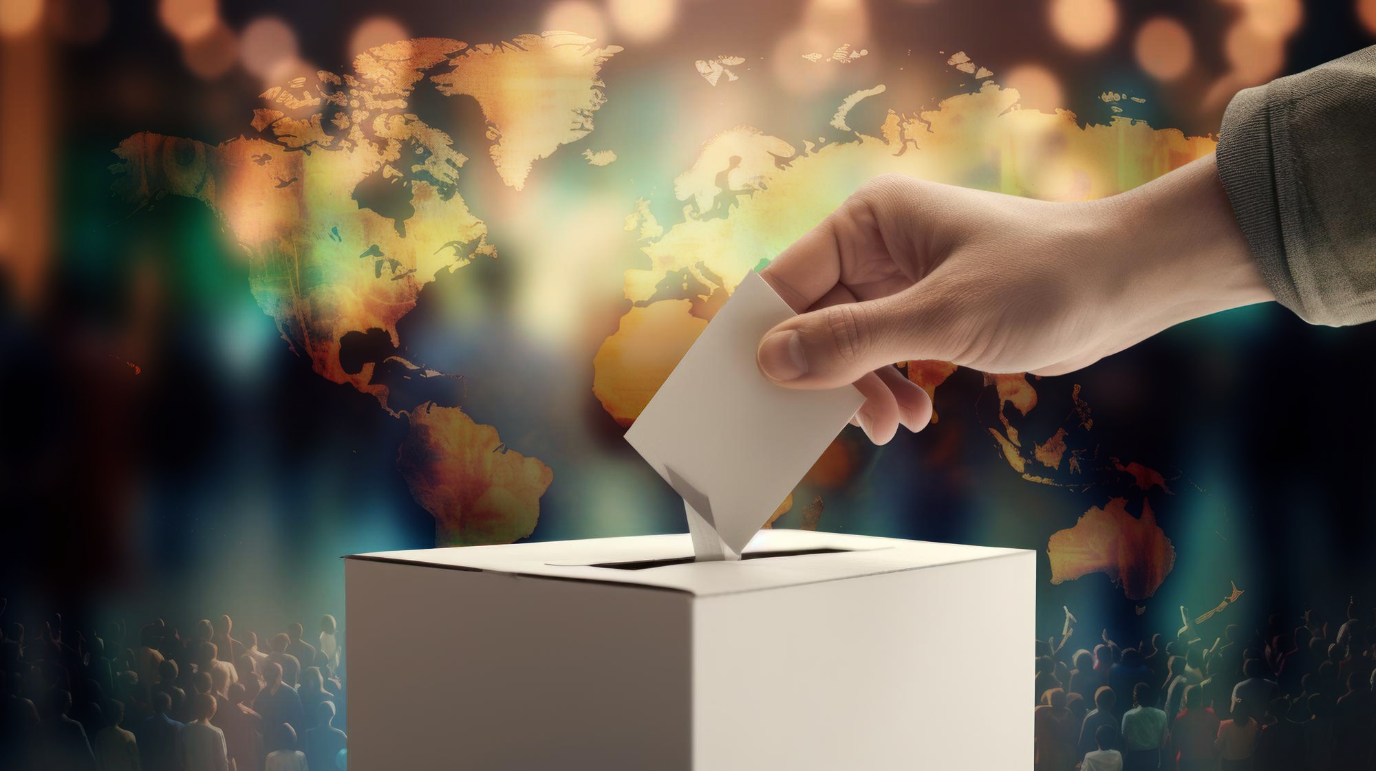 Hand casting a vote into a ballot box with a blurred world map background, symbolizing global elections and democracy.