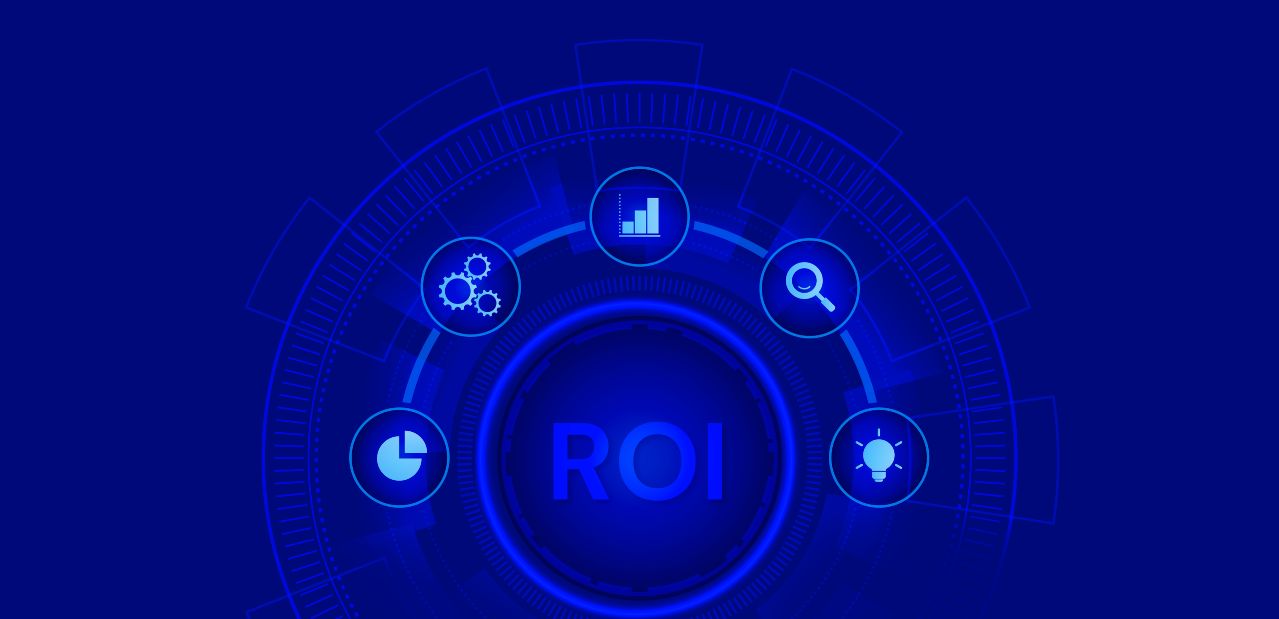 Graphic showing ROI with icons representing data analysis, search, pie chart, and settings on a blue background.