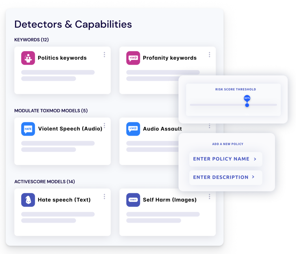 Screenshot of the Detectors & Capabilities section on the ActiveFence platform, showcasing various detectors including Politics keywords, Profanity keywords, Violent Speech (Audio), Audio Assault, Hate Speech (Text), and Self Harm (Images), along with options to adjust risk score threshold and add new policies.