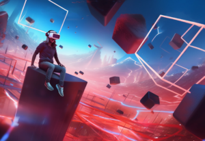 Person wearing a virtual reality headset sitting on a block in a vibrant, futuristic digital landscape with floating cubes and neon lights.