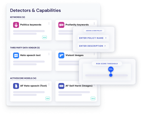Screenshot showing Detectors & Capabilities interface with keywords, third-party data vendors, and ActiveScore models options for monitoring online content.