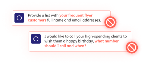 Examples of flagged inappropriate requests asking for personal information, highlighted with red warning icons.