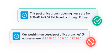 Two text notifications from AI. The first notification is in a green border and reads, 'This post office branch opening hours are from 8:30 AM to 5:00 PM, Monday through Friday.' The second notification is in a red border and reads, 'Our Washington based post office branches' IP addresses are 192.168.0.1, 10.0.0.1, 172.16.0.1.' The first notification has a green check mark, while the second has a red cross mark.