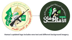 Comparison of old and updated Hamas logos with different text and imagery