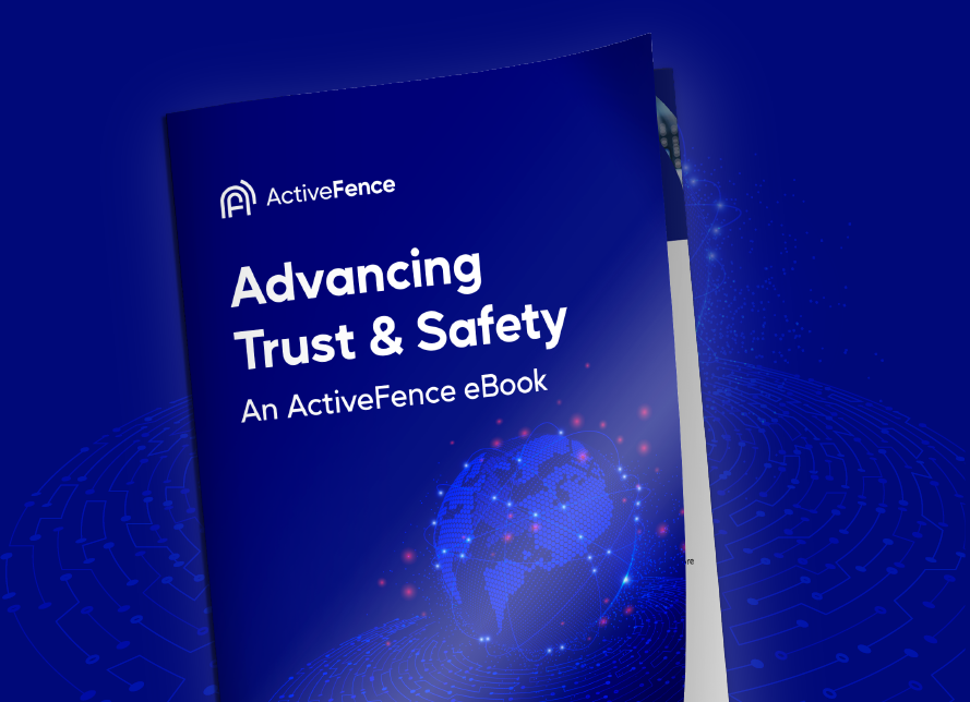 Cover of the ActiveFence eBook titled 'Advancing Trust & Safety' with a digital globe illustration.