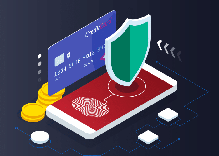 Digital illustration of a credit card, shield, and fingerprint scanner on a mobile device, symbolizing cybersecurity, online payment security, and identity protection.