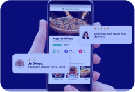 Hand holding a smartphone displaying a pizza delivery app with customer reviews.