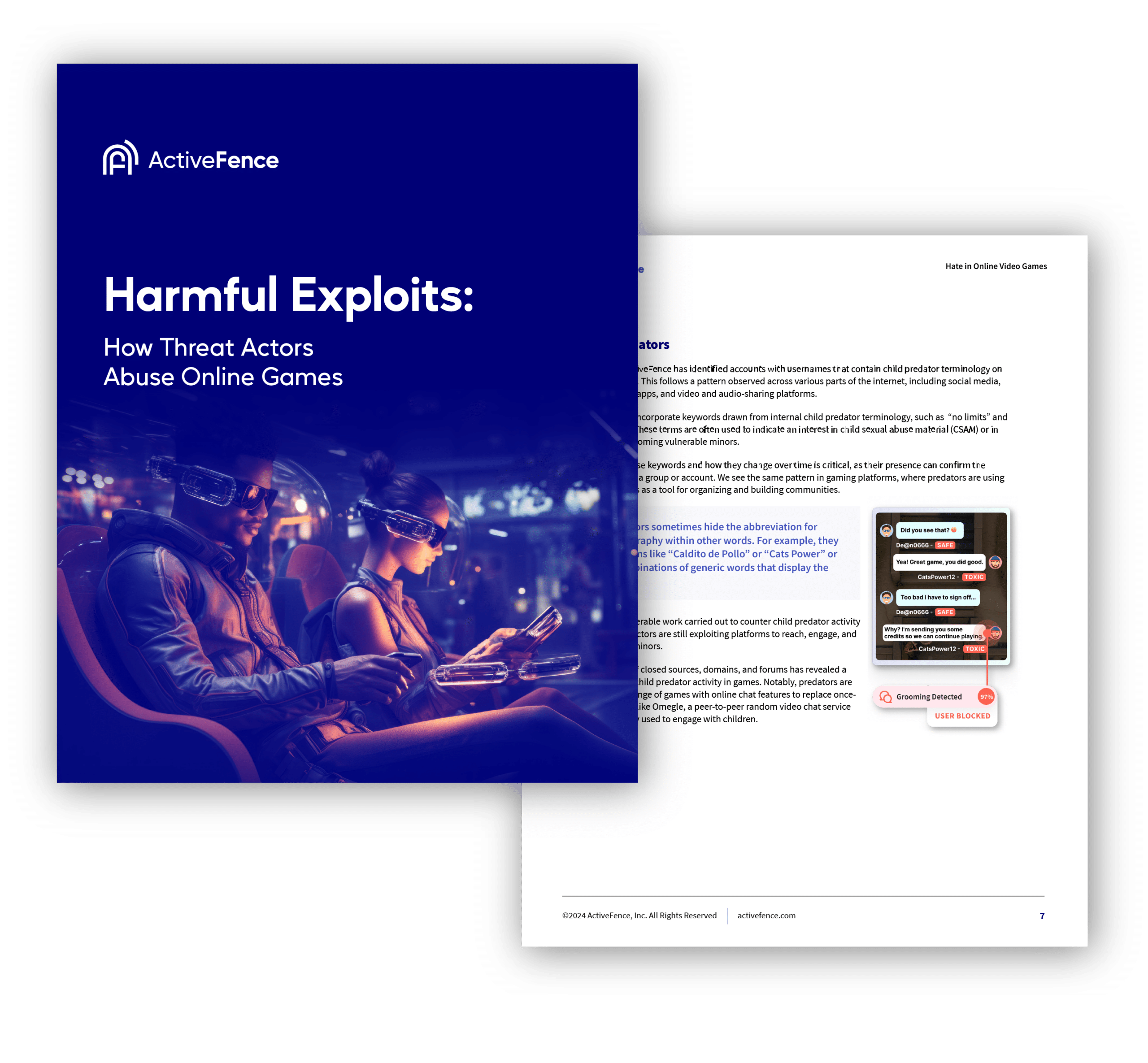 Cover and inside page of an ActiveFence report titled 'Harmful Exploits: How Threat Actors Abuse Online Games,' featuring an image of individuals wearing virtual reality headsets and engaging with gaming devices.