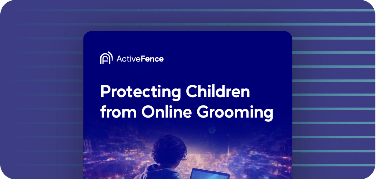 Cover image for a report titled 'Protecting Children from Online Grooming' by ActiveFence, featuring a child using a laptop with a city skyline in the background.