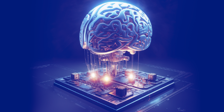 Illustration of a brain connected to a circuit board with glowing nodes, symbolizing advanced AI and machine learning.