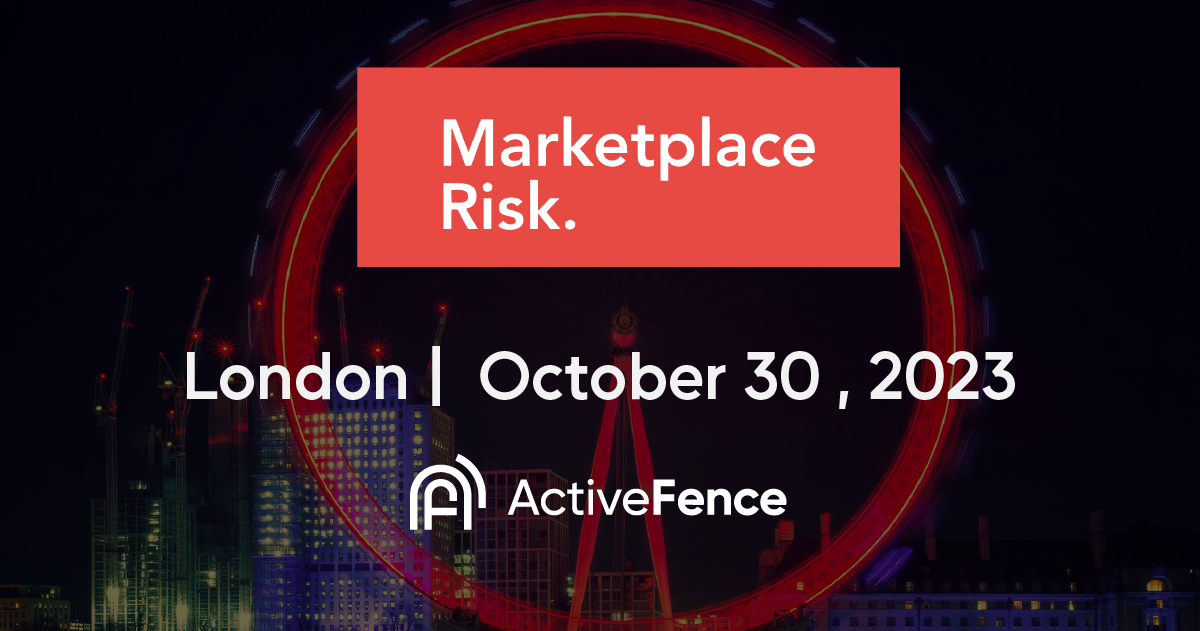 Promotional image for the ActiveFence event 'Marketplace Risk' held in London on October 30, 2023. The background features a night view of the London Eye illuminated in red.