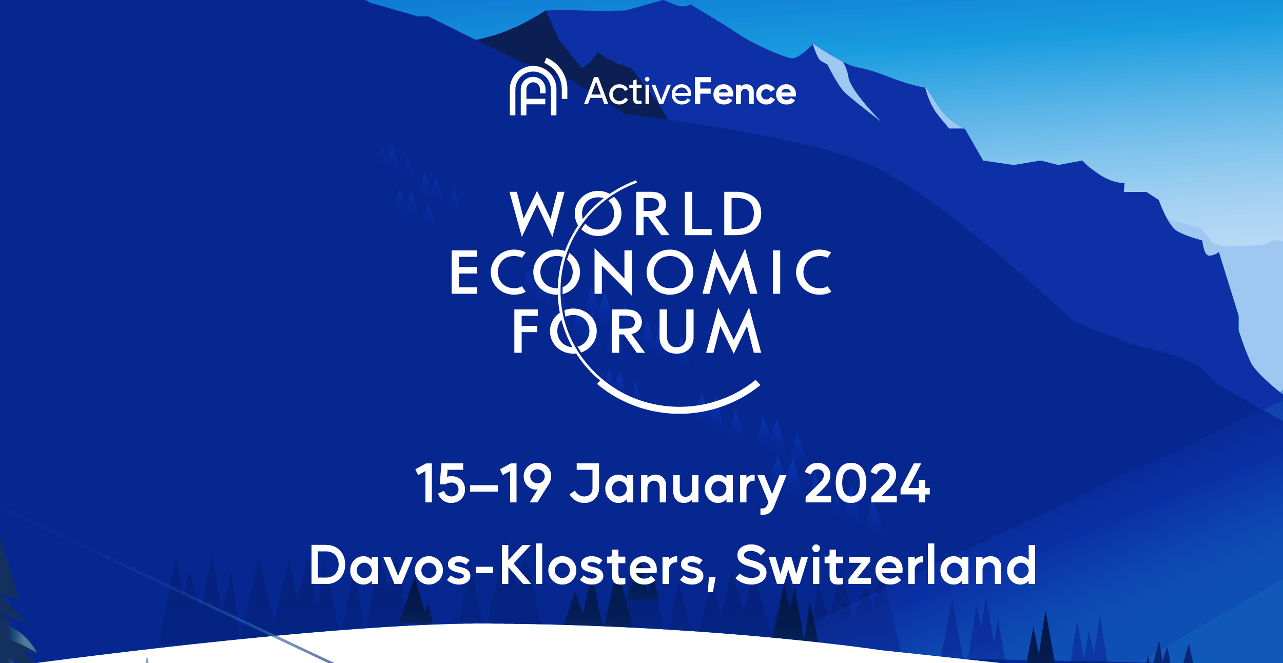 ActiveFence banner for World Economic Forum in Davos-Klosters, Switzerland from January 15-19, 2024, with mountain background