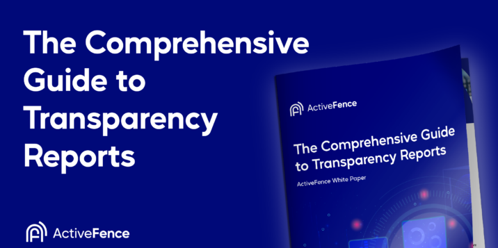 A cover image for an ActiveFence white paper titled 'The Comprehensive Guide to Transparency Reports.' The image features the title in bold white text against a blue background, with a partial view of the white paper cover.