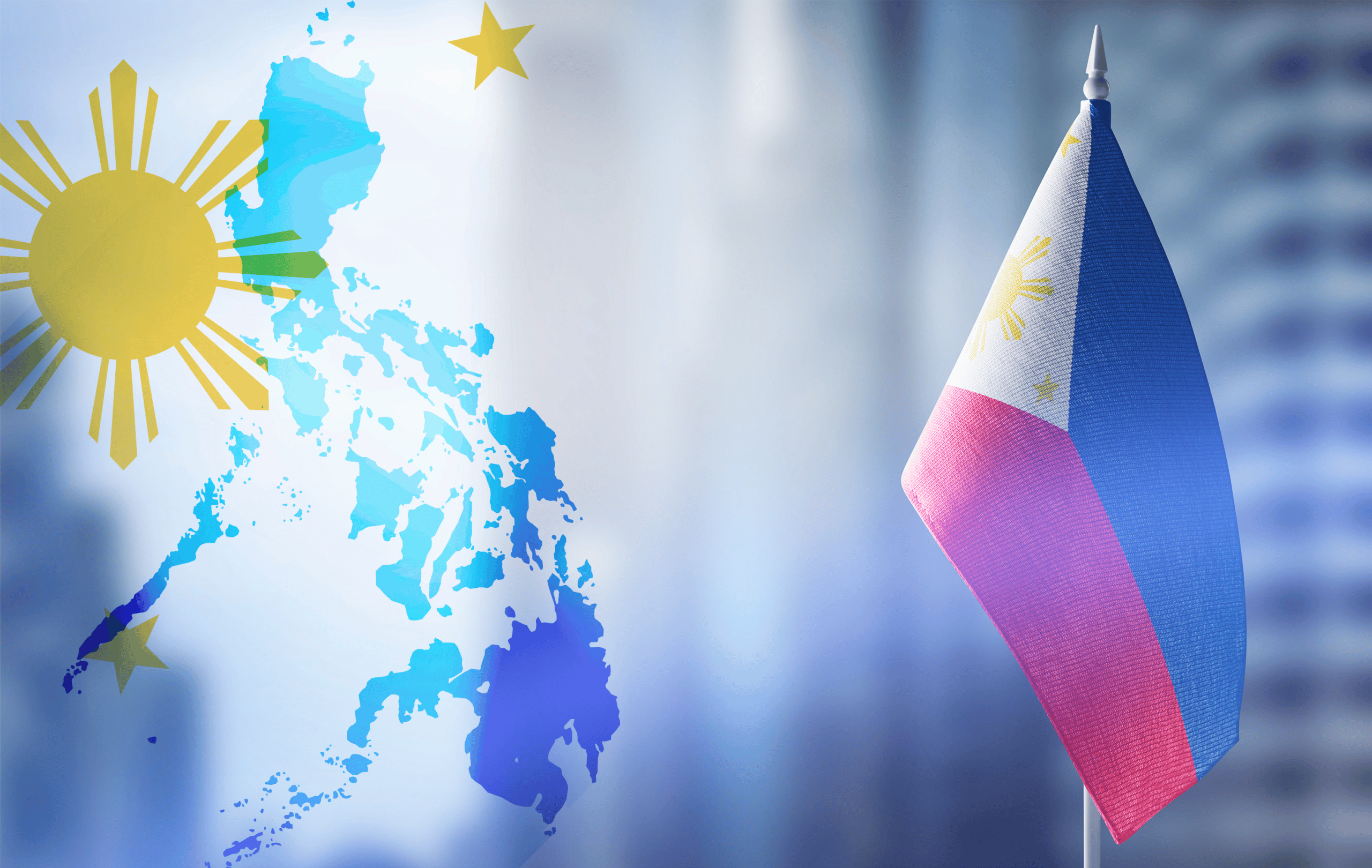 Image showing the flag of the Philippines on the right and a map outline of the country with the sun and stars from the flag on the left, all set against a blurred background.