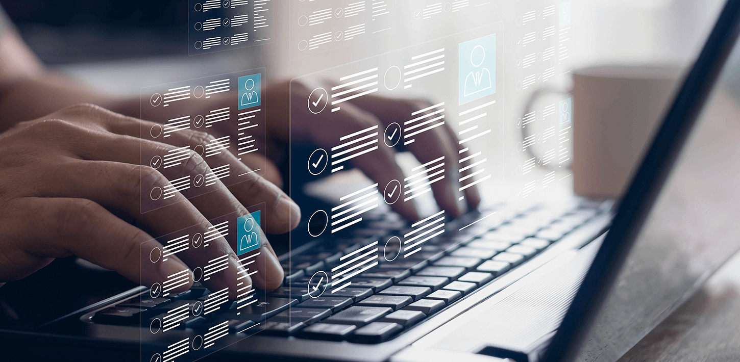 Hands typing on a laptop keyboard with floating digital icons and checklists overlay.