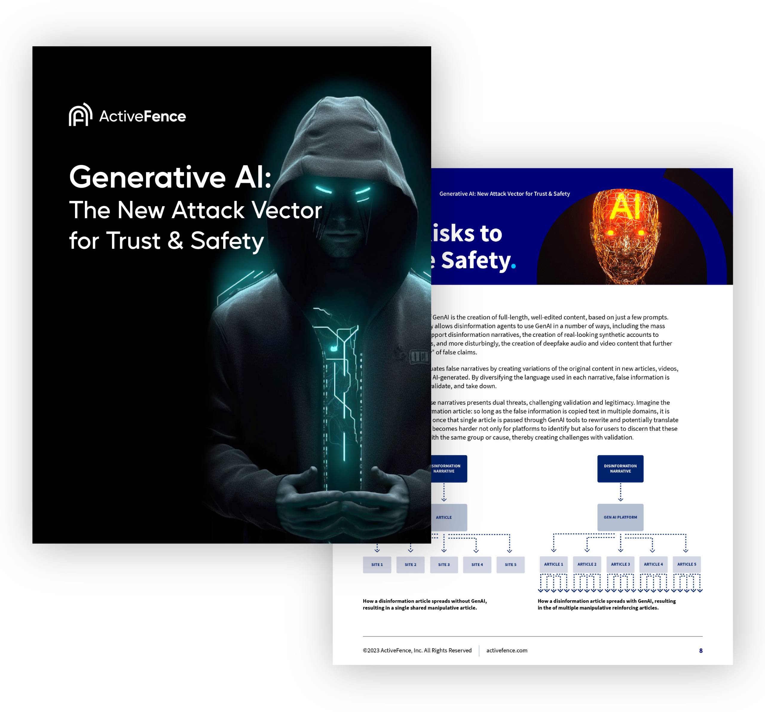 Generative AI report by ActiveFence titled 'The New Attack Vector for Trust & Safety' featuring an image of a hooded figure with glowing eyes and a digital interface on their chest. The document details the risks posed by generative AI to trust and safety, including the spread of disinformation.