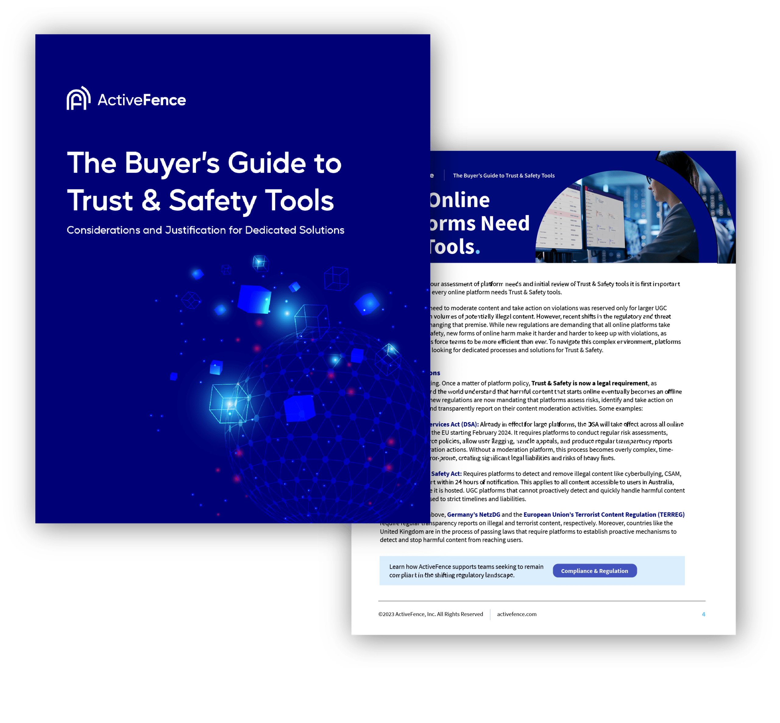 Cover and inside page of ActiveFence eBook titled 'The Buyer's Guide to Trust & Safety Tools: Considerations and Justification for Dedicated Solutions'.