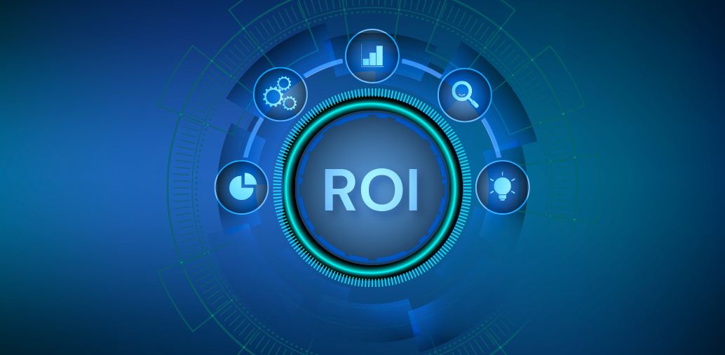 Illustration depicting ROI with icons for analytics, settings, and magnifying glass, symbolizing strategies for increasing content moderation ROI in 2023