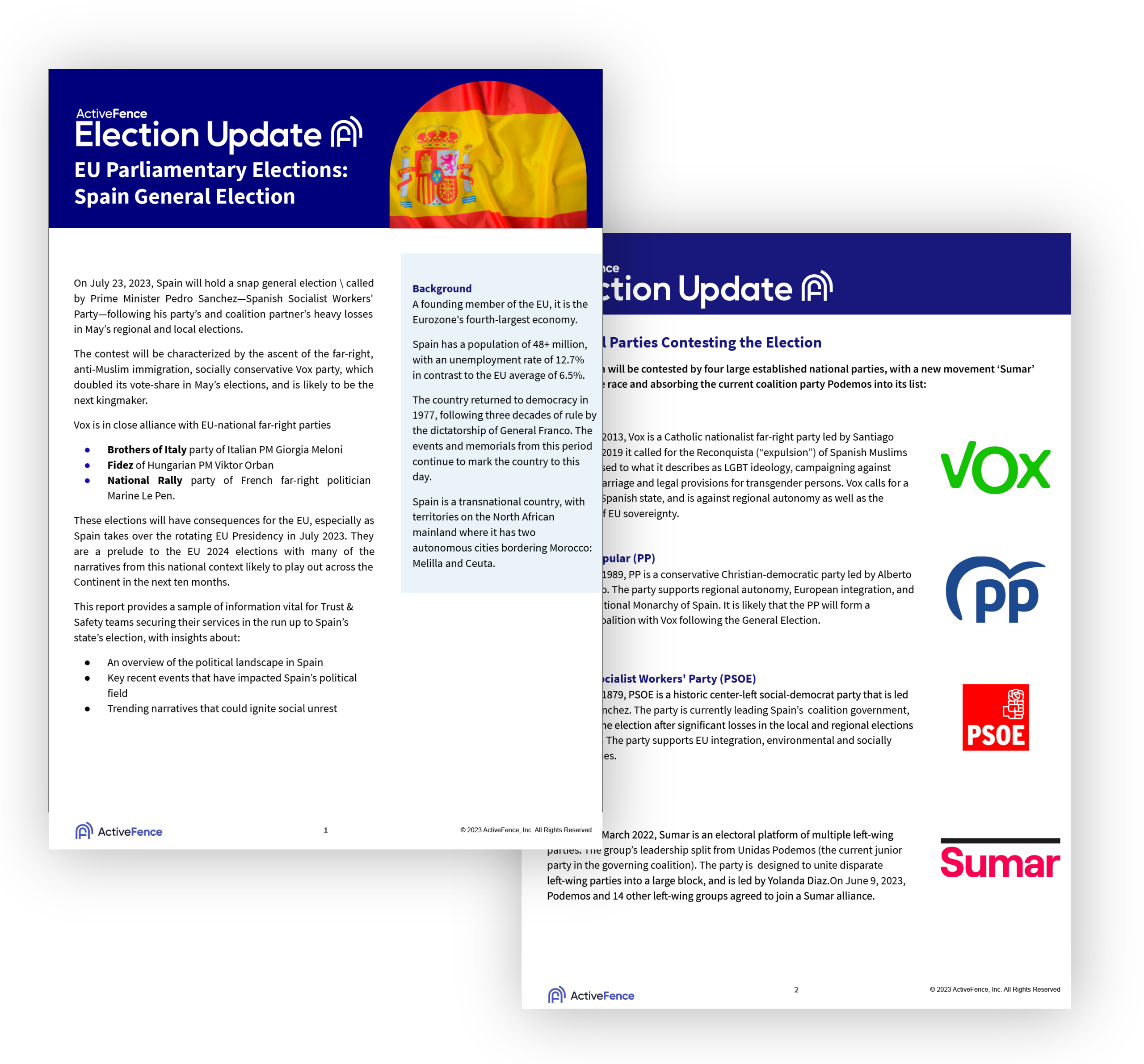 Election Update document from ActiveFence detailing the EU Parliamentary Elections: Spain General Election, including background information, political party insights, and election significance