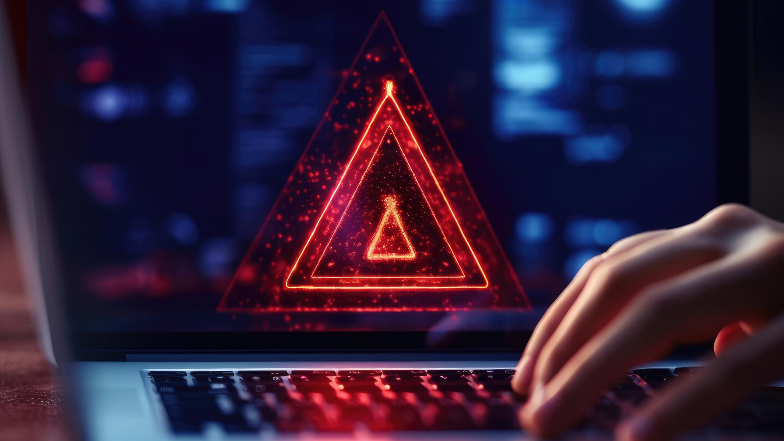 Computer screen with a red warning triangle symbol, representing the top generative AI dangers in 2024, as discussed on ActiveFence's blog.