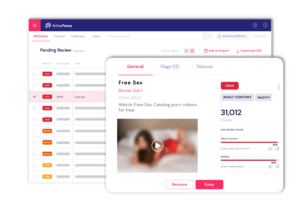 Screenshot of ActiveFence platform showing a pending review item flagged for adult content and nudity. The item titled 'Free Sex' has 31,012 views and high violation scores for adult content and nudity.